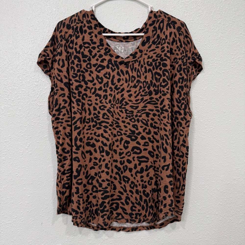 24/7 Womens‎ Leopard Print V-Neck Short Sleeve Slub Knit Tee Brown Black XL
